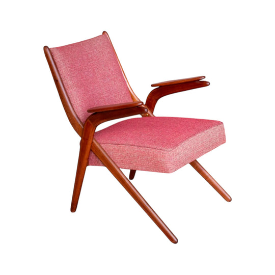 Mid‑Century Timber Armchair – Boomerang‑Style Legs, Red Upholstery