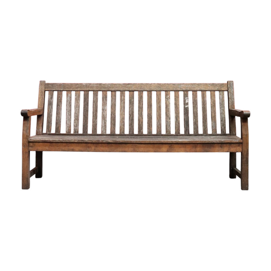 Vintage Hardwood Garden Bench Seat with Arms and Weathered Country Patina. B13067
