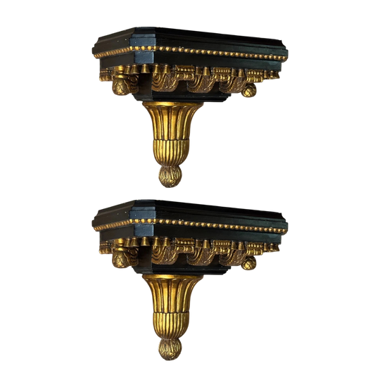 Pair of Vintage Large Neoclassical Black & Gilt Wall Brackets/Shelves