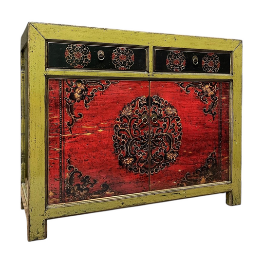 Chinese Green & Red Lacquered Cabinet.