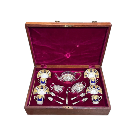 Outstanding boxed English sterling silver tea service by Elkington & co with Copeland coffee set c.1897