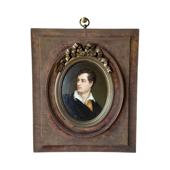 Antique 19thC Painted Porcelain Portrait of Lord Byron in Brass Mounted Velvet Cornerd Frame