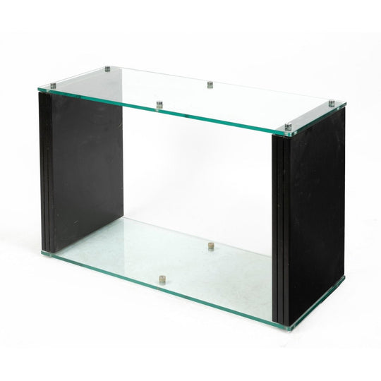 Early 2000s Postmodern Tempered Glass and Black Enamel Timber Hi‑Fi / TV Shelving Unit