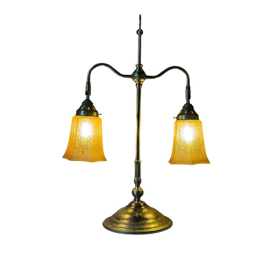 Early 20th Century Brass Double Student Lamp with Etched Glass Shades