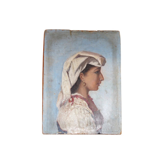 Early 20th-Century Portrait of a Woman in Side Profile on Wood Panel – Sourced in France