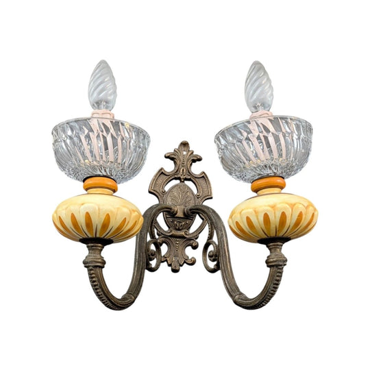Early 20th Century Twin Arm Wall Light | Cast Metal and Cut Glass