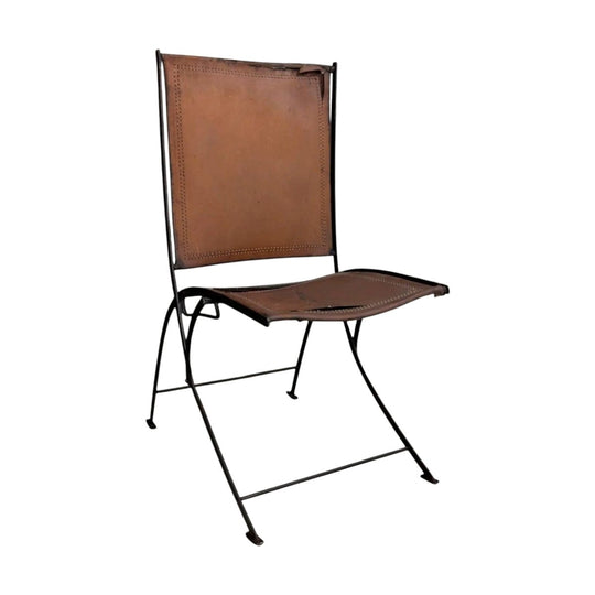 Early to Mid 20th Century French Wrought Iron and Leather Folding Chair