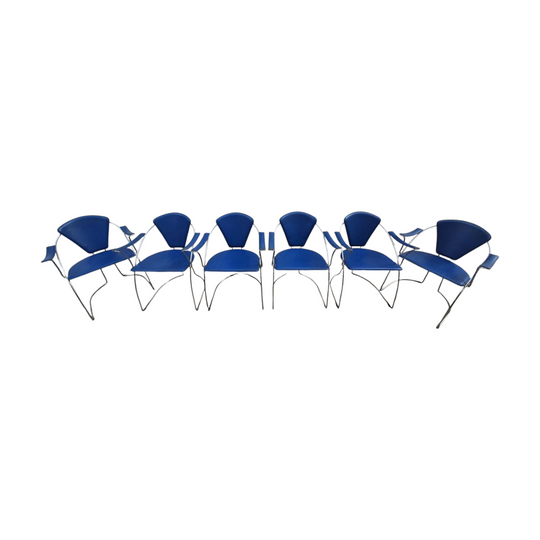 Set of 6 Sculptural Postmodern Chrome Dining Chairs in Cobalt Blue