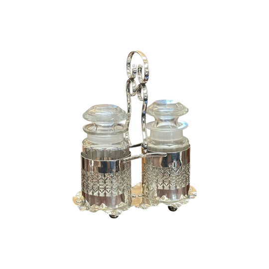 Edwardian 2 bottle cruet set in silver plated stand c.1910