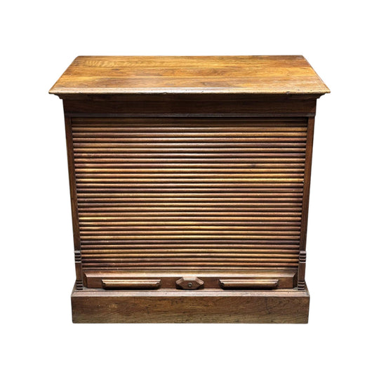Edwardian walnut office cabinet with tambour fronted roller door