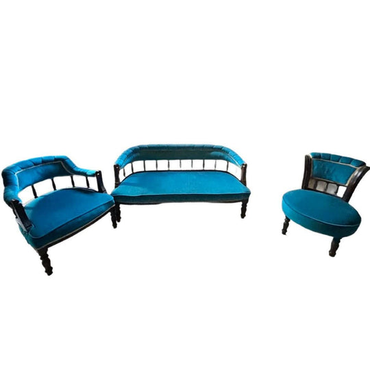 Edwardian Walnut Velvet Sofa, Tub Chair & Parlour Chair