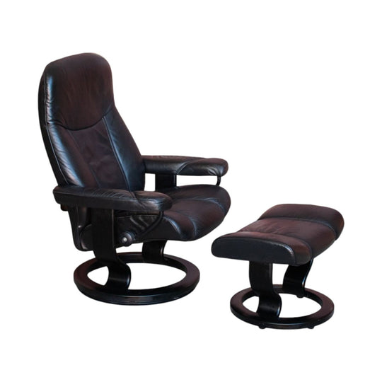 Ekornes Stressless Consul Recliner with Footstool – Medium Size, Black Leather Comfort