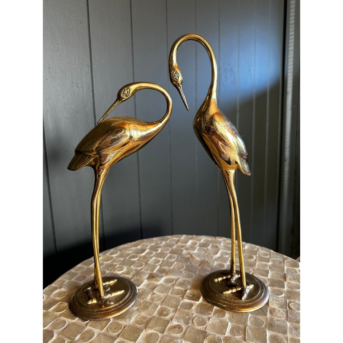 Elegant Mid - Century Solid Brass Crane Pair – Hollywood Regency Sculptural Decor | Bazaa | Designer, Vintage and Antique Furniture