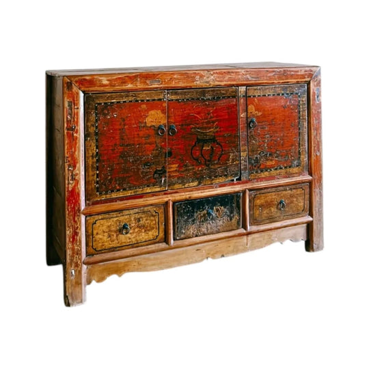 Emrys Provincial Chinese Low Cabinet, Early 20th Century, Cinnabar Red Lacquer on Hardwood