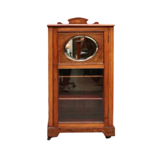 English Antique Rosewood Music Cabinet with Satinwood Inlay, Bevelled Mirror Door and Castors, Circa 1860