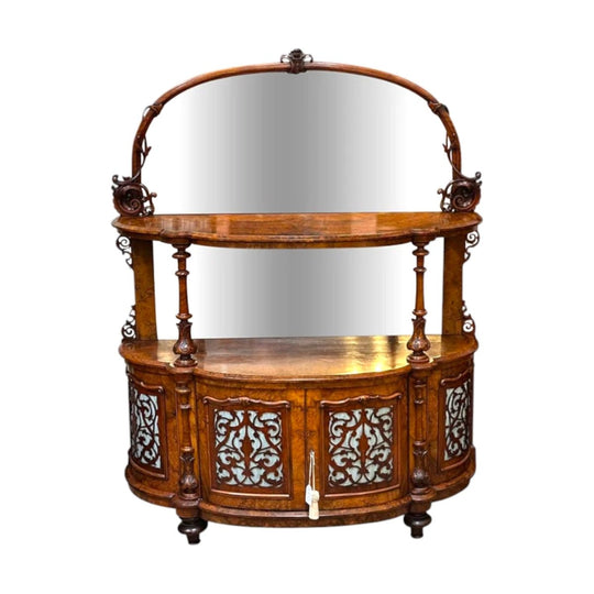 English burr walnut bow fronted mirror backed cabinet c.1870