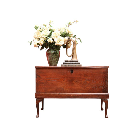 English Elm Blanket Box with Key, Original Paper Lining and Elegant Legs. B12661