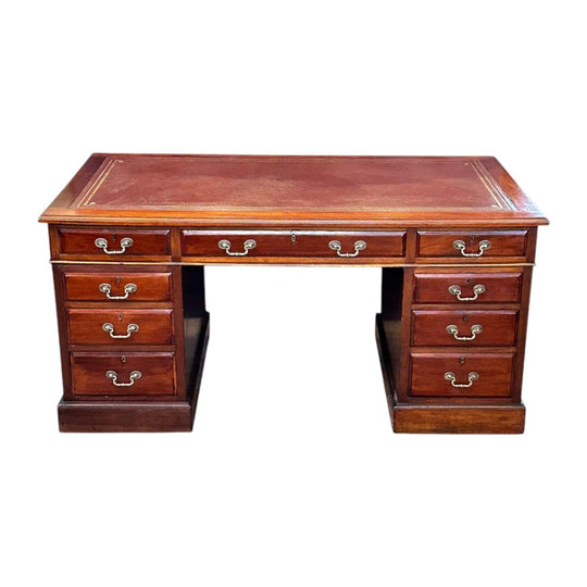 English mahogany 9 drawer pedestal desk with tooled leather top c.1890