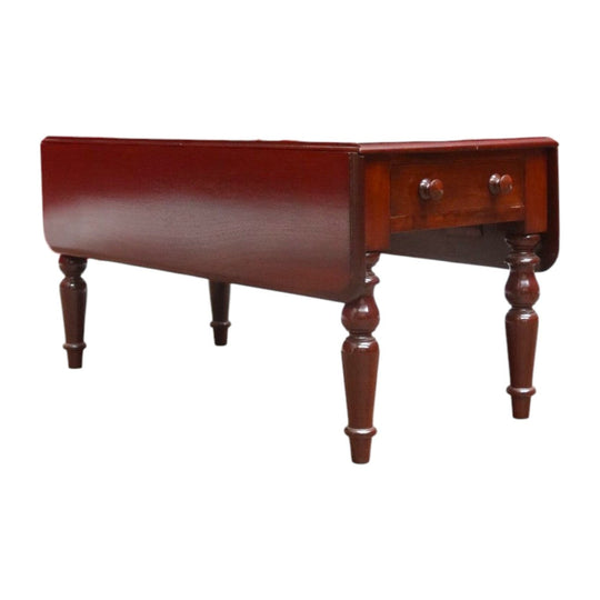 English Mahogany Coffee Table with Drop Sides, Drawer and Turned Legs. B12652