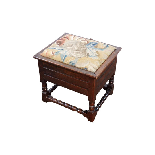 English Oak ‘close’ stool with Aubusson face top, c.1680