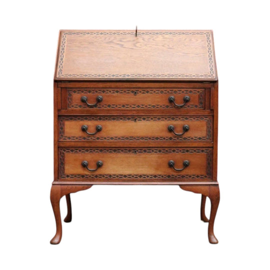 English Oak Writing Bureau Drop Front Desk Carved Detail c1930. B12984