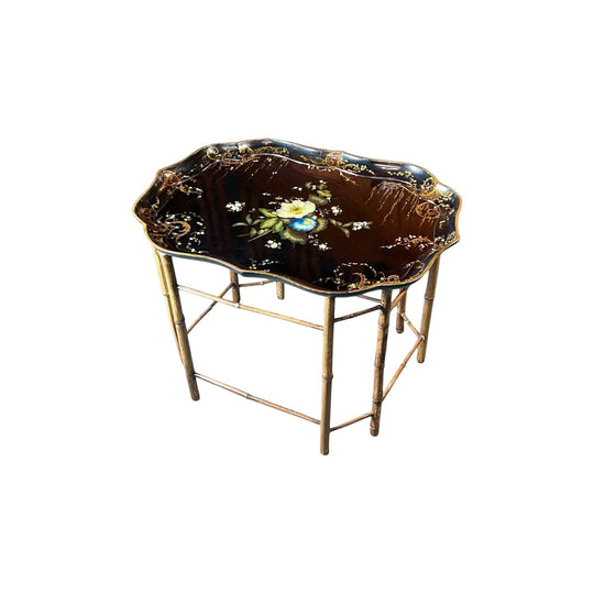 English Regency black lacquer papier mache tray with superb flowers, bamboo legs, c. 1825