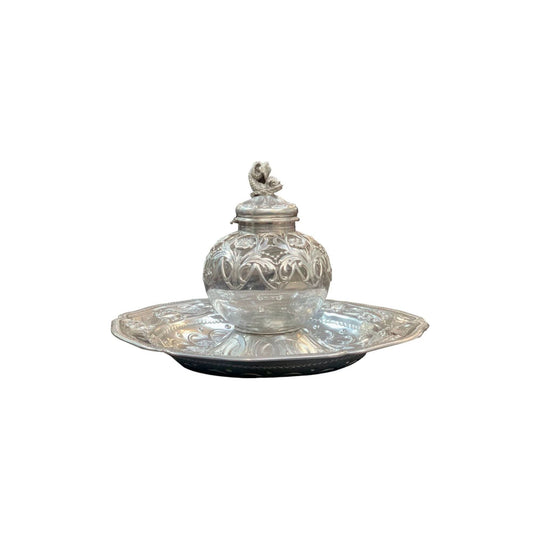 English Sterling Silver Round Inkwell on Dish, c.1876