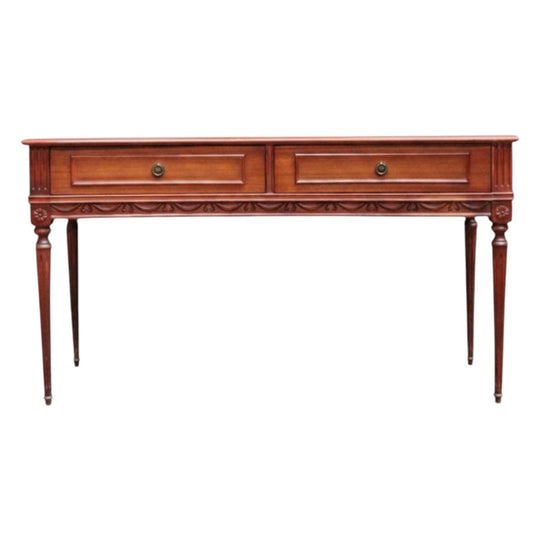 English Vintage Mahogany Hall Console Table, Inverted Curved Front, Two Brass-Handled Drawers, Reeded Tapered Legs