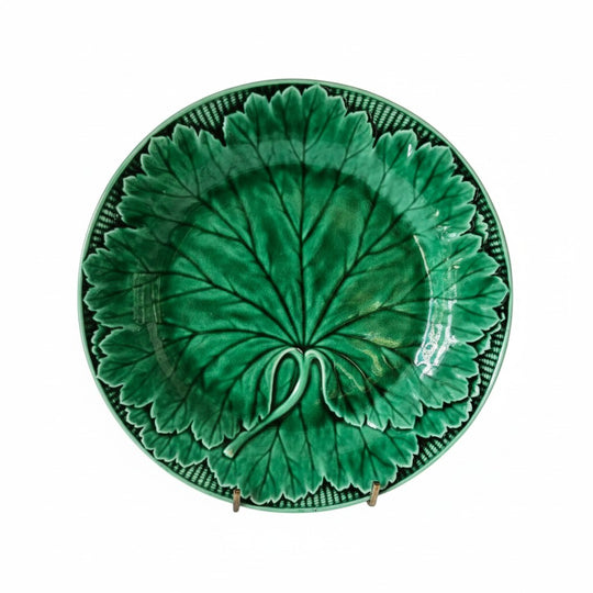 Antique Wedgwood Green Majolica Grape Leaf Plate With Basket Weave border