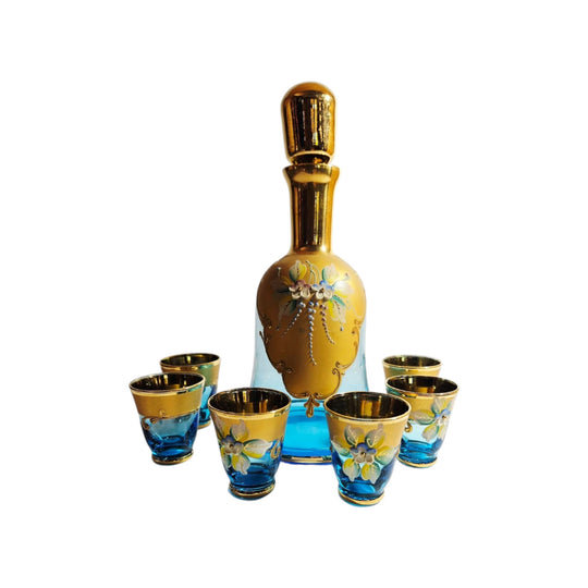 Vintage Murano "Tre Fuochi" Salvadori 24 ct Gold glass decanter and 6 shot glasses