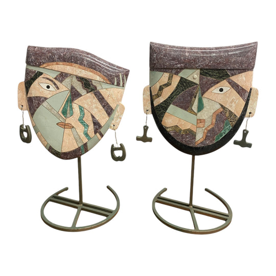 Pair Late 20th Century Tessellated Stone Sculptural Face Mask - Attrib. Joseph De Castro