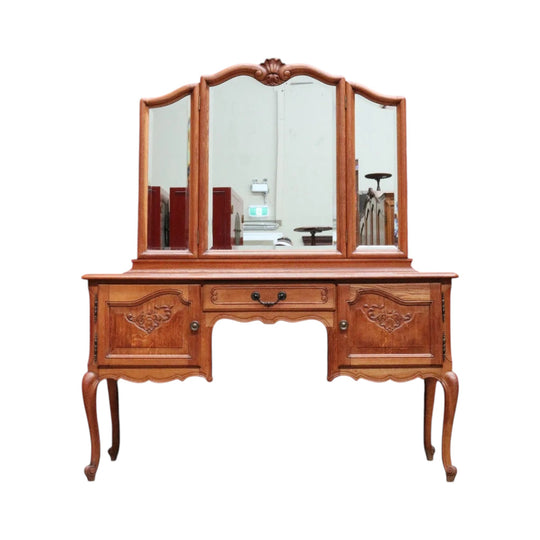 Vintage French Oak Three Panel Dressing Mirror with Carved Shell Detail. B12759