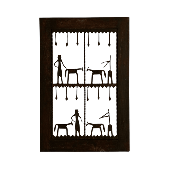 Ethnographic wall mounted panel featuring wrought iron animal and human figures