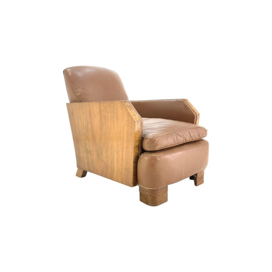 European Art Deco Club Lounge Chair. Walnut and Leather.