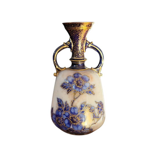 Antique Doulton Burslem Hand-Painted Flow Blue Twin-Handled Vase, Art Nouveau Blossom, c.1900