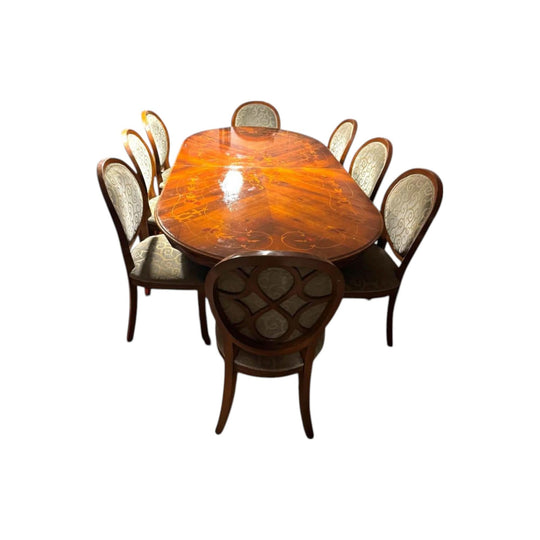 Extended vintage dinner table with 10 large dining chairs excellent condition