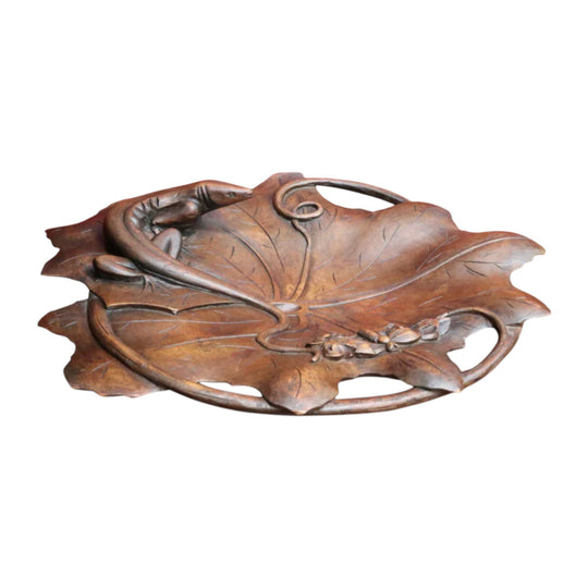 Carved Black Forest Tray featuring a Lizard and Dragonfly on Lily Pad. B12711