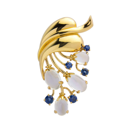 Retro 14kt Gold, Moonstone, and Sapphire Brooch Pin