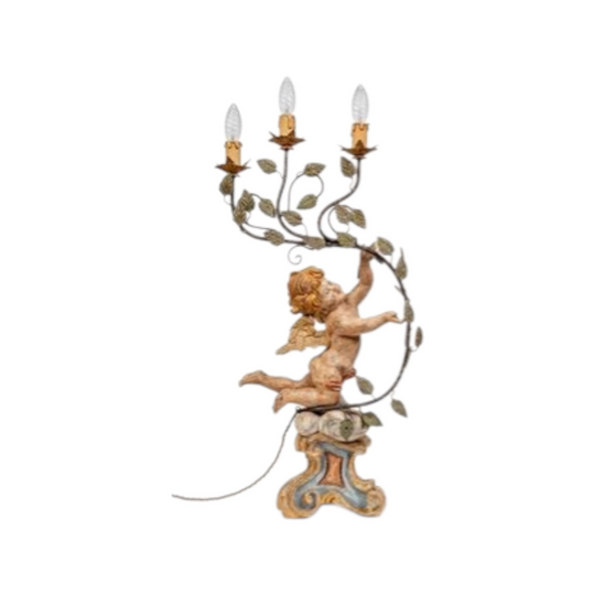 Italian carved wood and wrought iron painted lamp