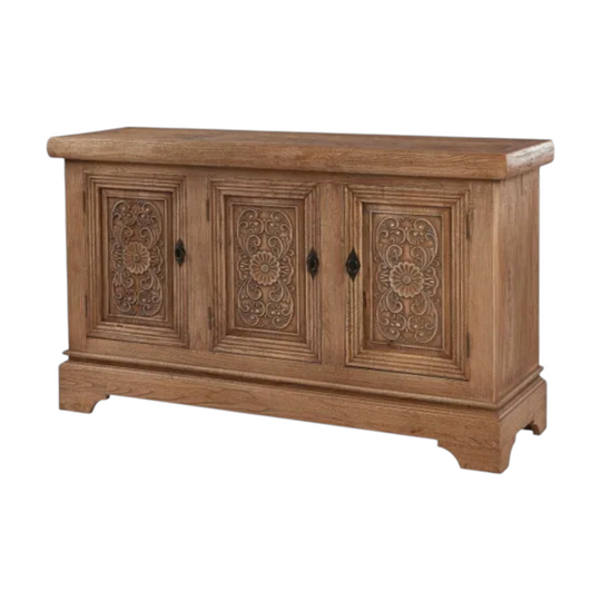 Rustic Solid Wood 3-Door Credenza with Ornate Carvings