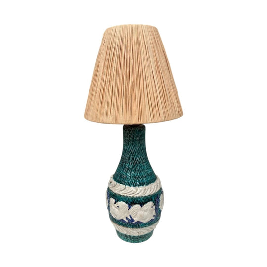Fanciullacci Ceramic Table Lamp with Custom Hand-Crafted Raffia Shade, Montelupo Fiorentino, Italy, 1960s