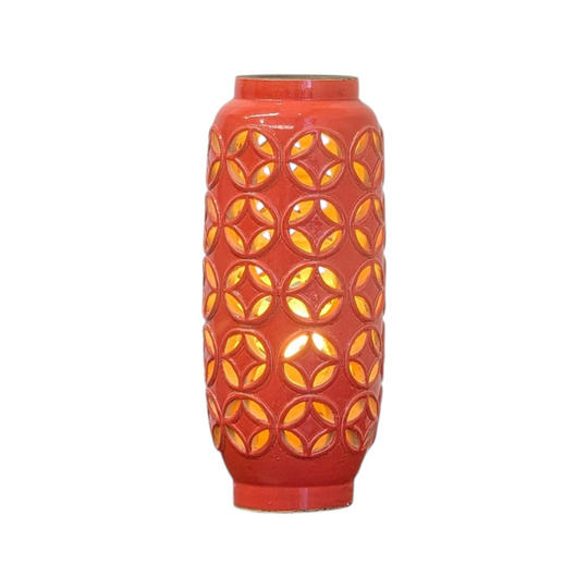 Geometric Glazed Ceramic Column Lamp in Retro Orange Glazed Terracotta