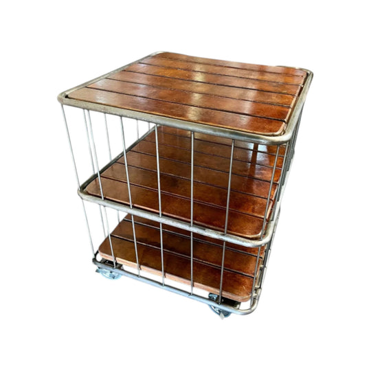 Vintage Dutch Industrial Station Trolley Cart – Three-Tier Wood & Tubular Steel Drinks/Bar Display on Castors