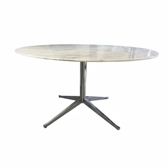 Florence Knoll Style Round Marble Dining Table, Carrara-Style Marble, Chrome Tripod Base, 130 cm