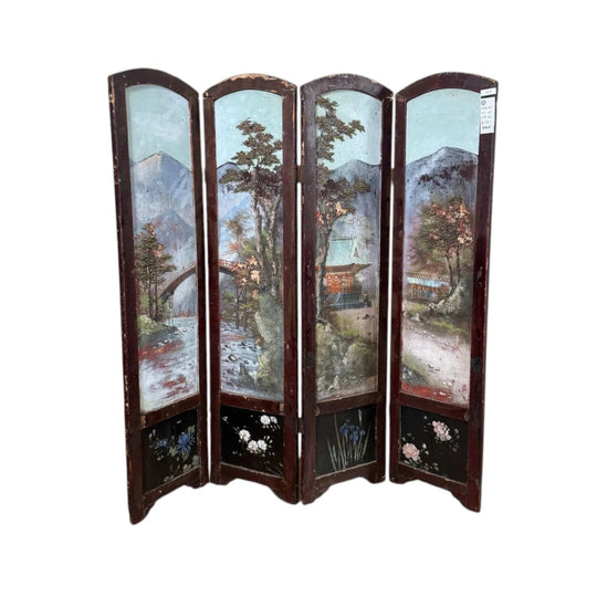 Four-Fold Chinese Screen with Hand-Painted Scenic Design