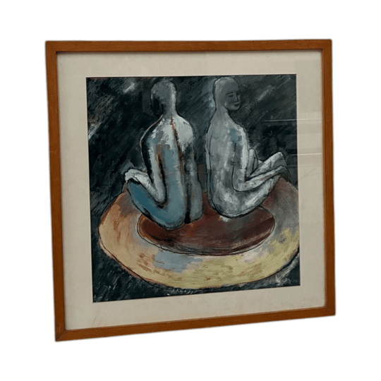 Framed figurative oil pastel 1980s