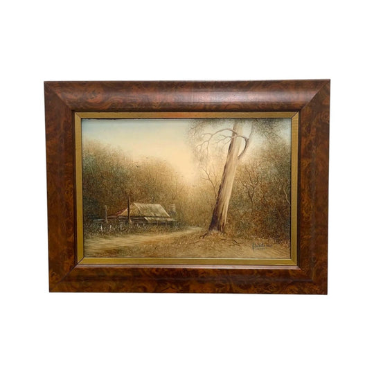 Framed Oil On Board of Farm House Scene Titled "Early Morning Mist" Circa 1980's Singed