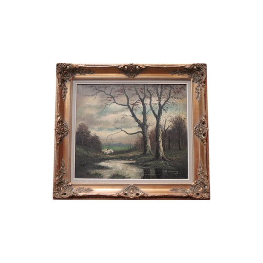 Framed Oil on Canvas, Antique French Oil Painting in a Gilt Timber and Gesso Frame, Landscape, Still-life.