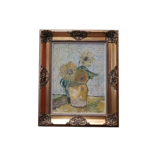 Framed Oil on Canvas, Sunflowers in a Vase, in the Style of Van Gogh, Gold Frame.