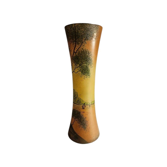 François-Théodore Legras (1839–1916) Art Nouveau Long-Neck Vase, Polychrome Landscape, Signed — Saint-Denis Glassworks, Paris, Early 20th Century